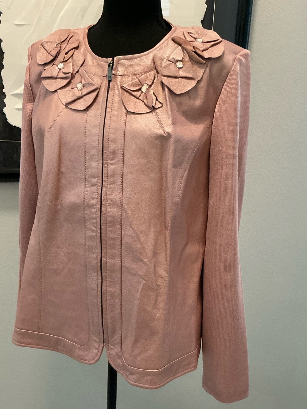 Peter Nygard blush, pink leather knit, floral jacket women’s XL solid color